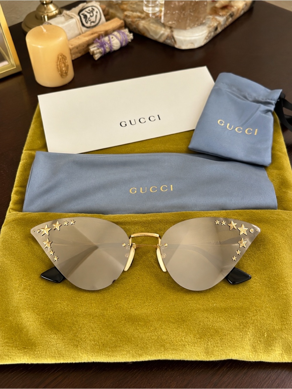 Gucci Gold Star Embellished Mirrored Cat Eye Sunglasses